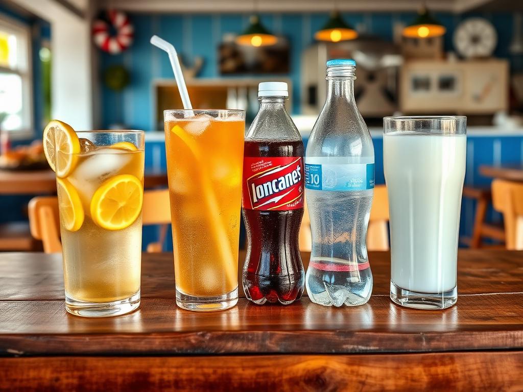 Cold drinks lineup — iced tea, soda, water, and milk